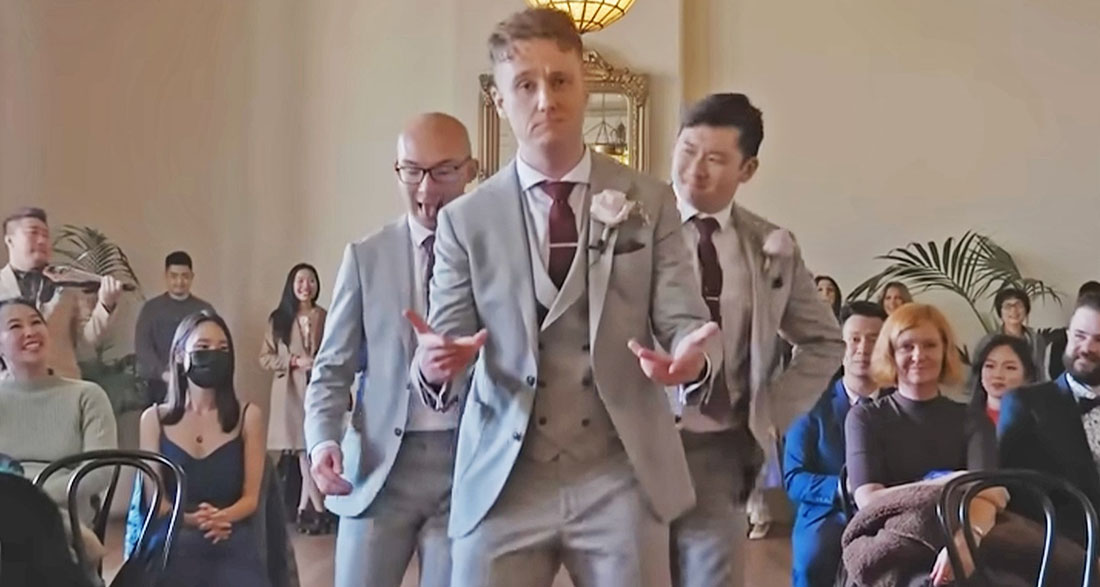 Grooving groom Daniel Lewis’s epic dance entrance with his boys makes wedding goes viral